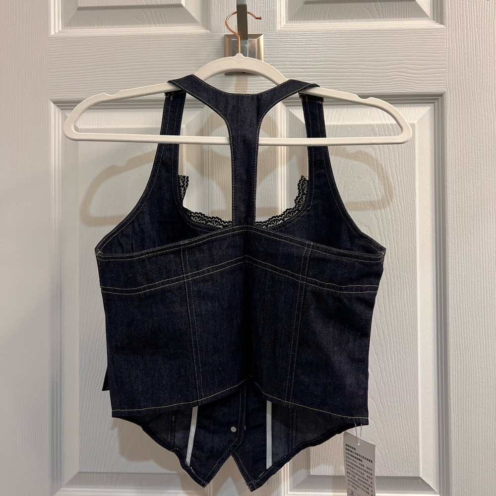 Lace Trim Button-Up Black Denim Halter Top - Picture 2 of 3